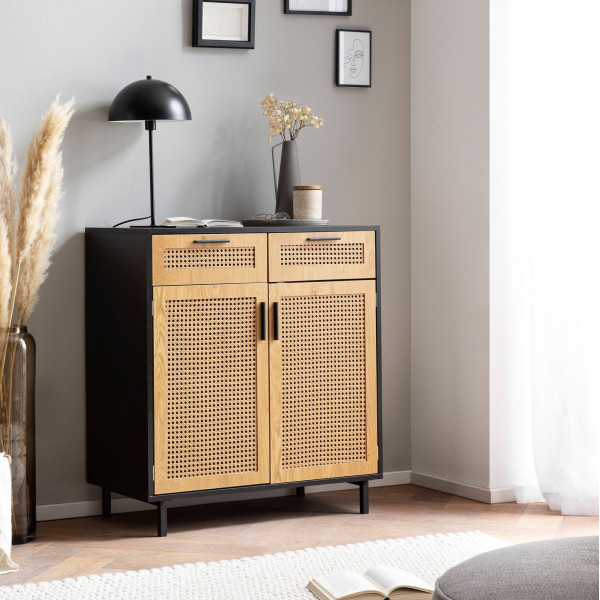 VIENNA- II modern komód rattan hatású fonattal - 80 cm – tölgy/fekete