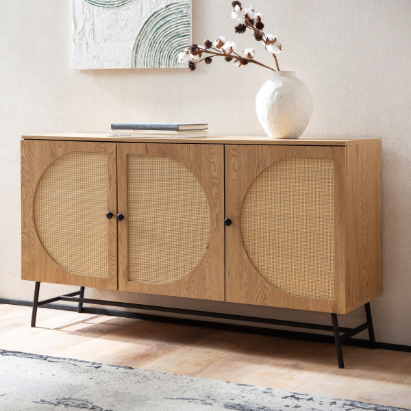 CANE modern komód rattan hatású fronttal - 140 cm – tölgy