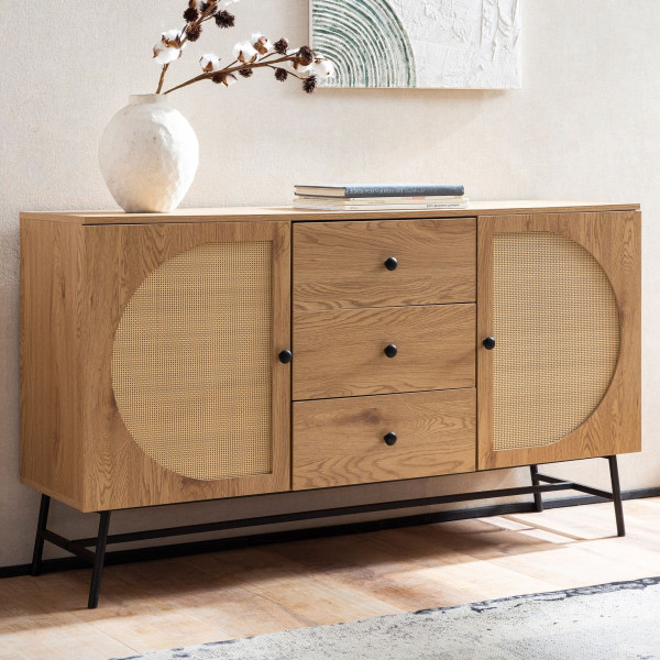 CANE modern komód  rattan hatású fronttal - 140 cm – tölgy