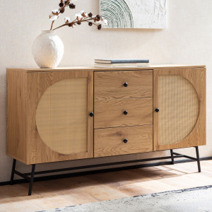 CANE modern komód  rattan hatású fronttal - 140 cm – tölgy SKYPORT
