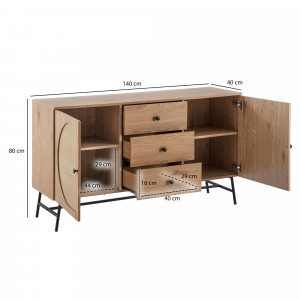 CANE modern komód  rattan hatású fronttal - 140 cm – tölgy