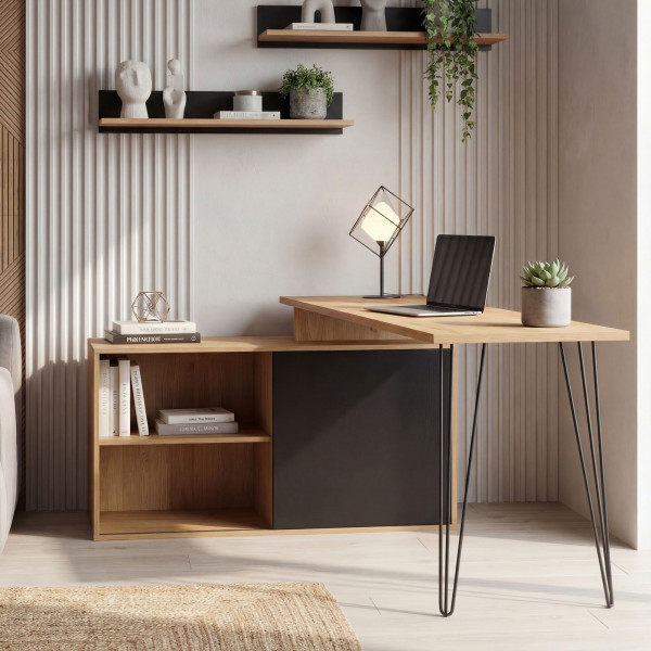 LOFTON modern sarokíróasztal integrált tárolóval - 130cm - tölgy/fekete