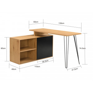 LOFTON modern sarokíróasztal integrált tárolóval - 130cm - tölgy/fekete