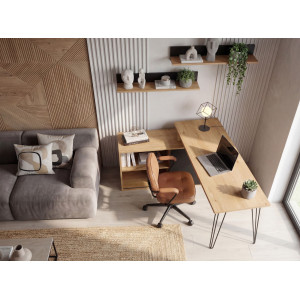 LOFTON modern sarokíróasztal integrált tárolóval - 130cm - tölgy/fekete