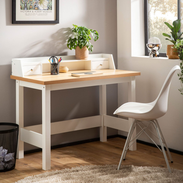LENTO modern íróasztal monitorpolccal és fiókokkal - 106cm - fehér/tölgy