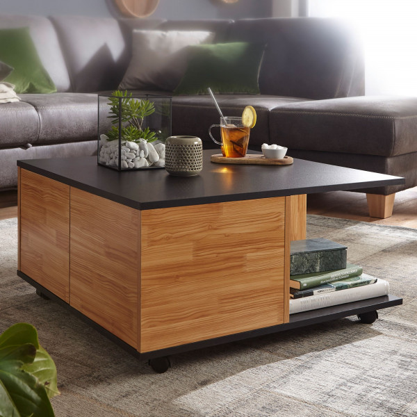MOVE modern gurulós dohányzóasztal fiókokkal - 70cm - antracit/tölgy