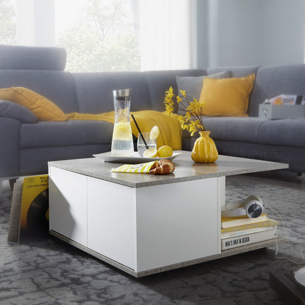 MOVE modern gurulós dohányzóasztal fiókokkal - 70cm - cement szürke/fehér